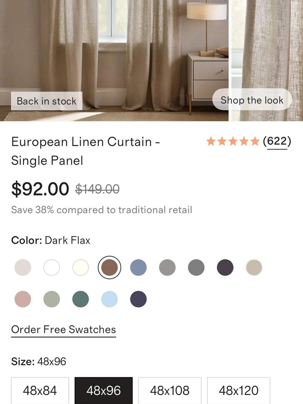 Dark Flax Linen 48x96 Curtain Panel - Retail $92 per panel